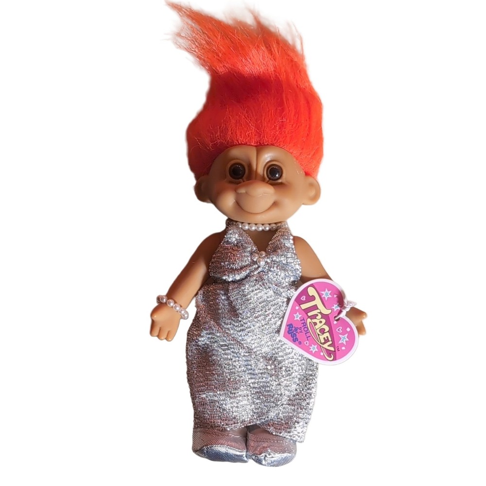 Russ Tracey Troll Doll Orange Hair Silver Dress 7 in 1990 Tag Necklace
